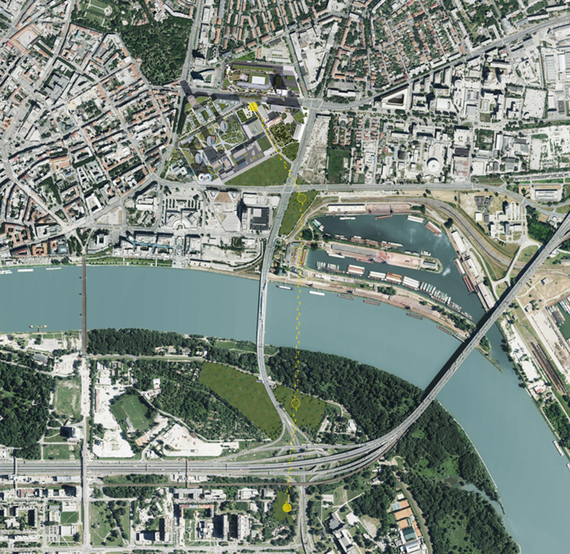 Zámer, kadiaľ by mohla viesť električka z Petržalky na Mlynské Nivy.