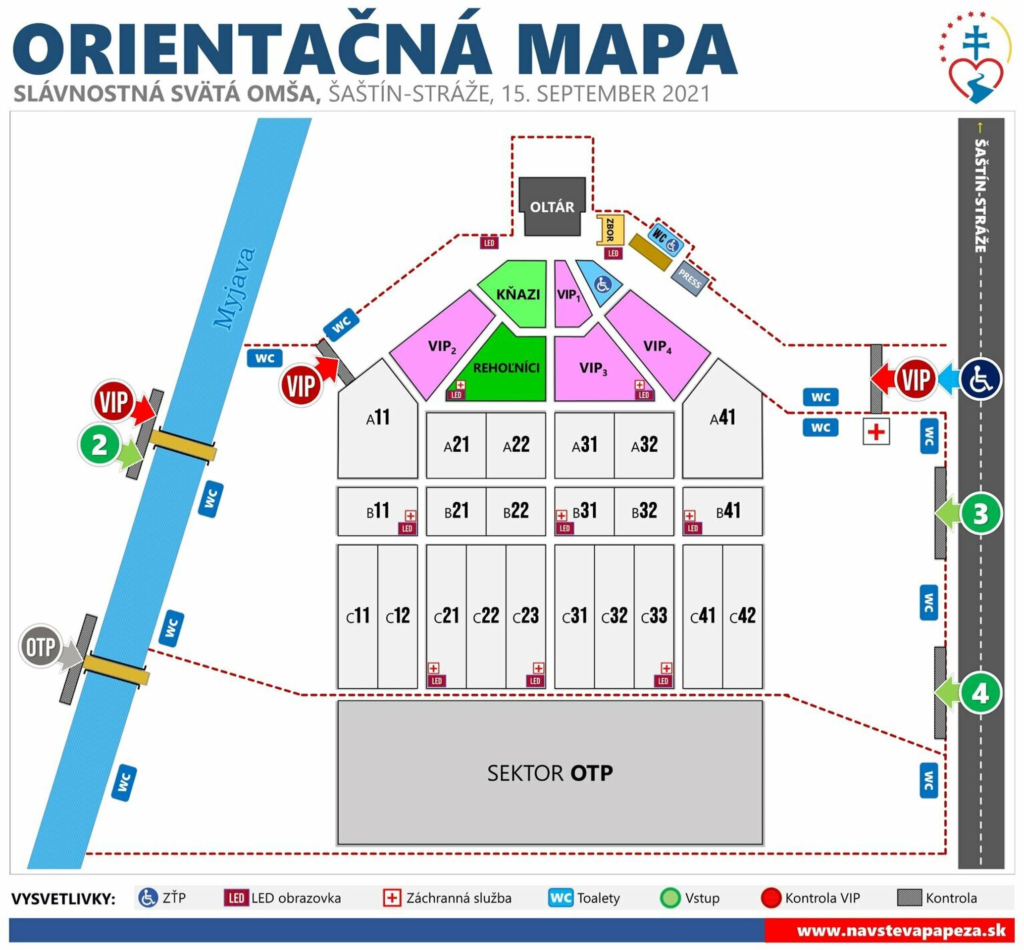 Orientačná mapa pre omšu pri bazilike v Šaštíne.