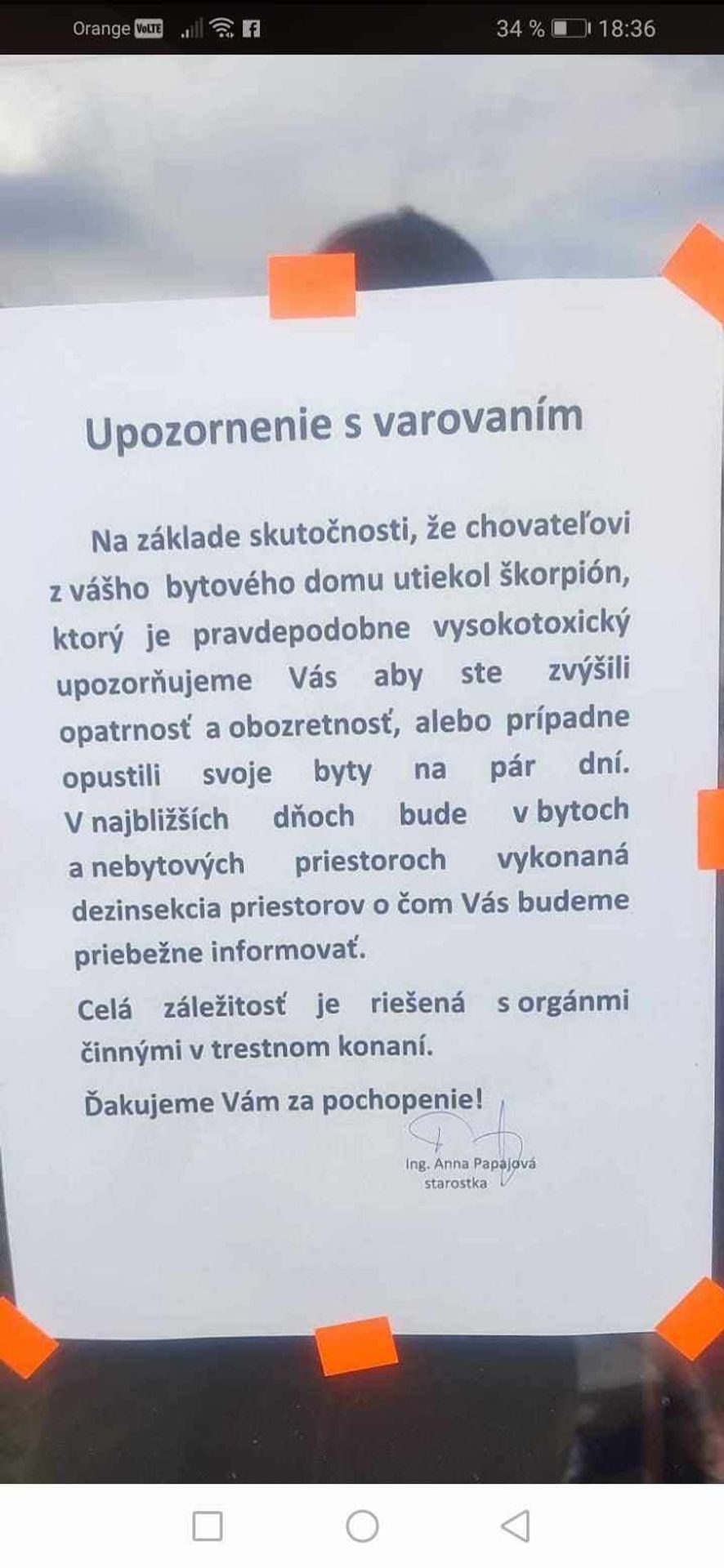 Plagát s oznamom o úteku škorpiónov