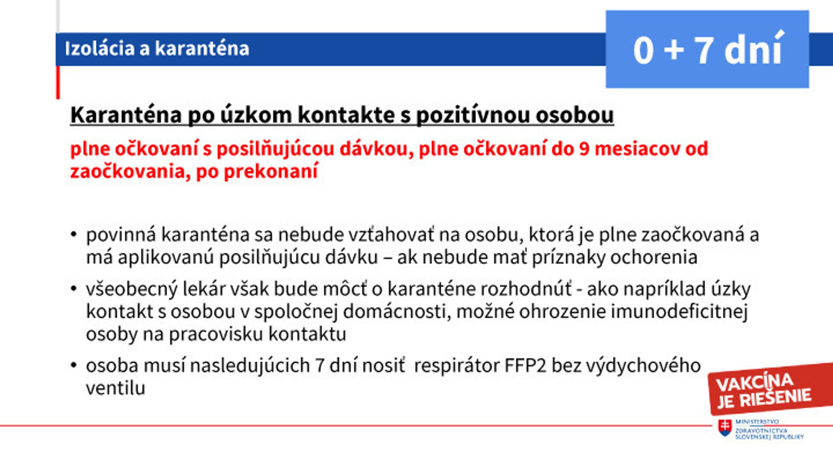 Karanténa po úzkom kontakte pre plne očkovaných a prekonavších.