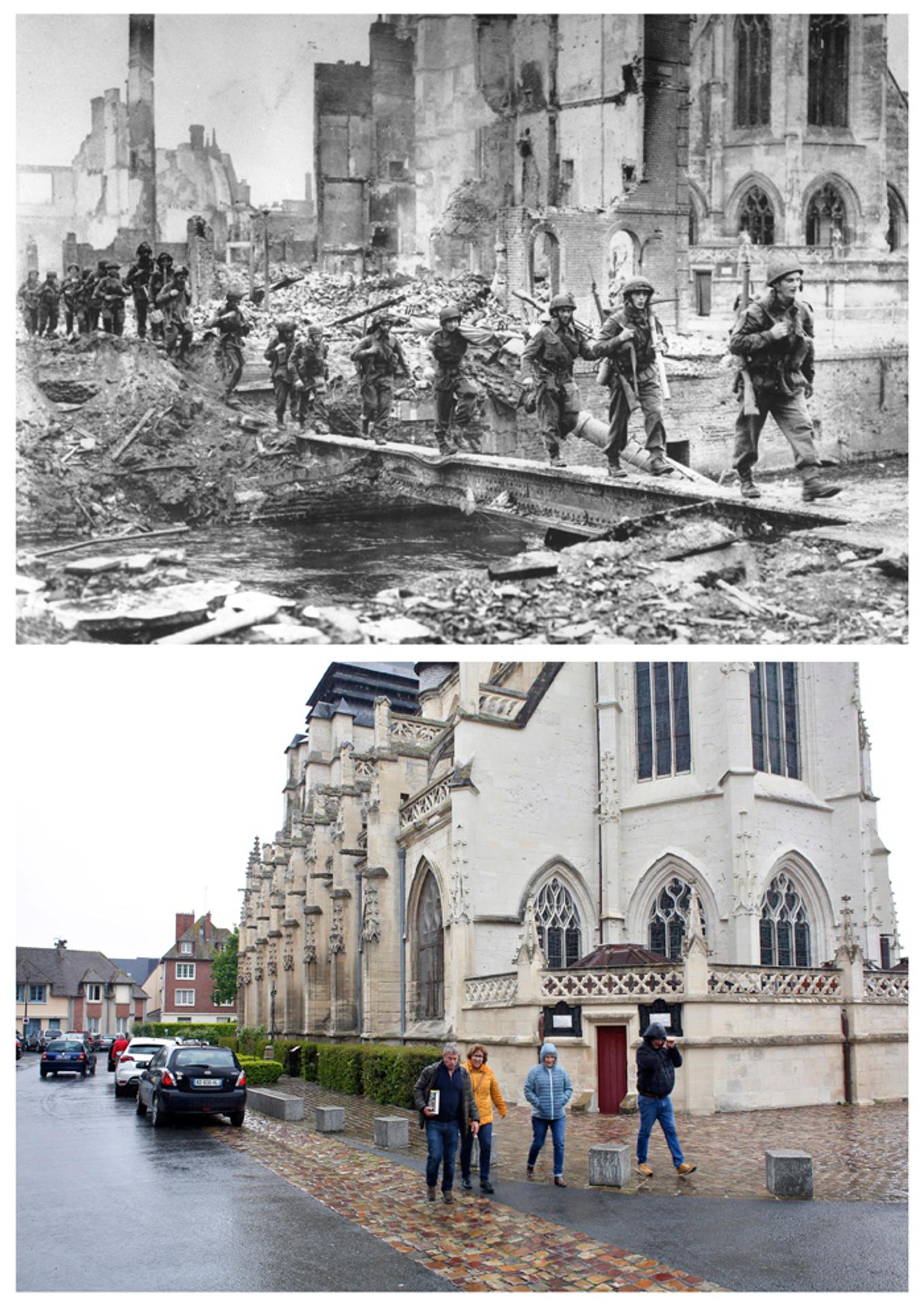 Obyvatelia mesta La Haye Du Puits sa vracajú do mesta (14. júla 1944) a dnes.