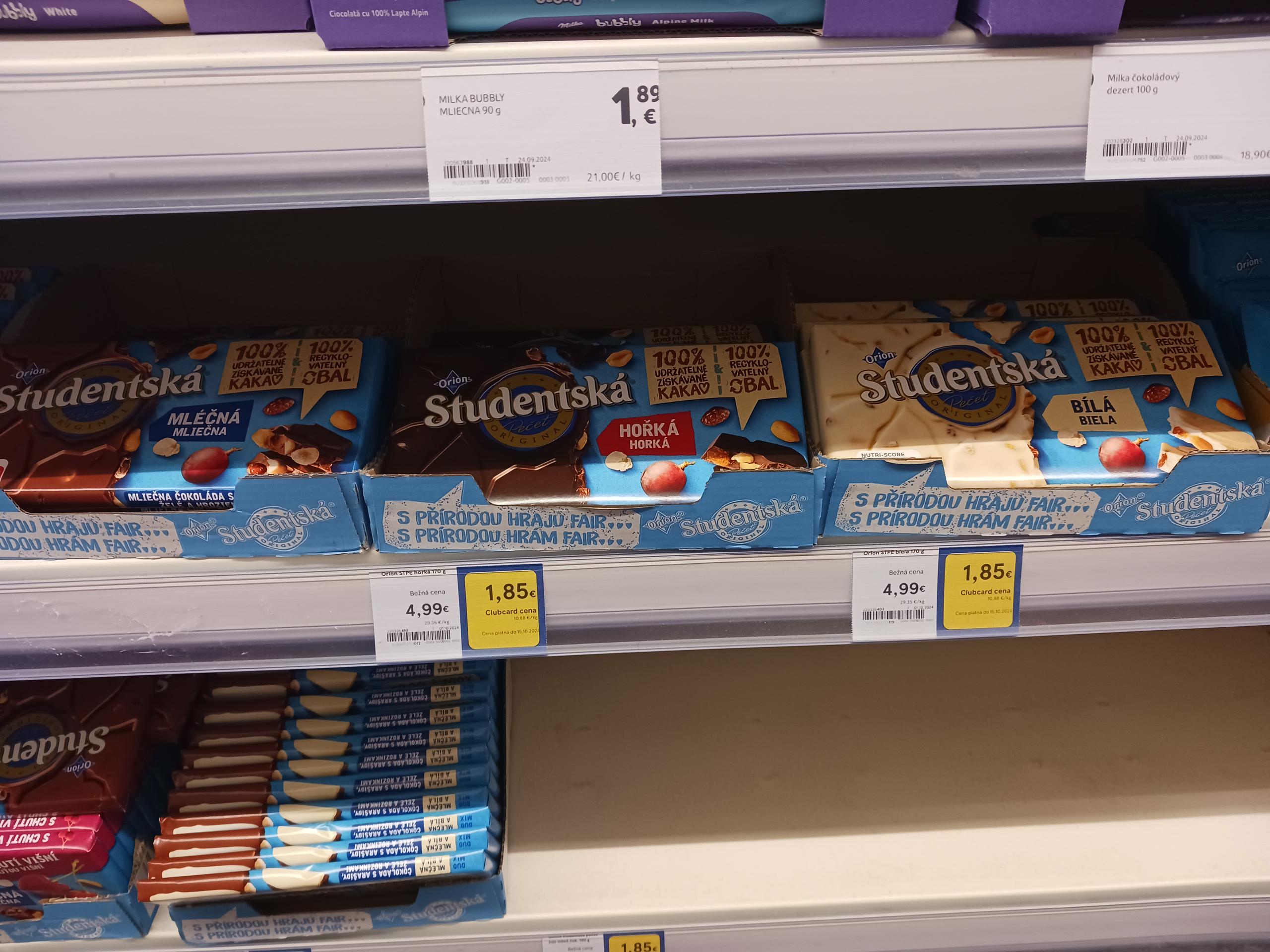 Ceny čokolád v jednotlivých obchodoch