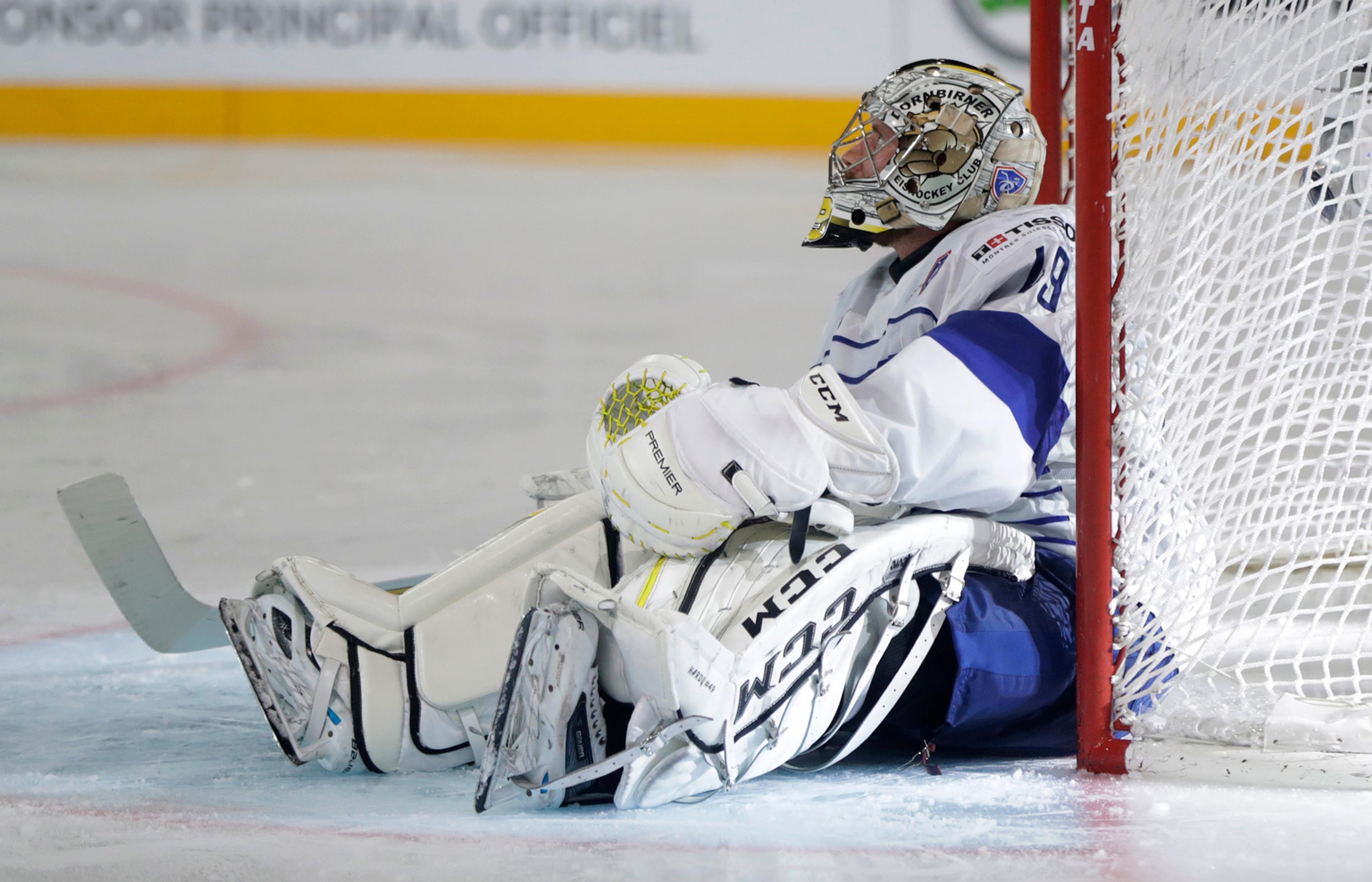 Francúzsky gólman Florian Hardy po góle v dueli MS 2017 proti Kanade.