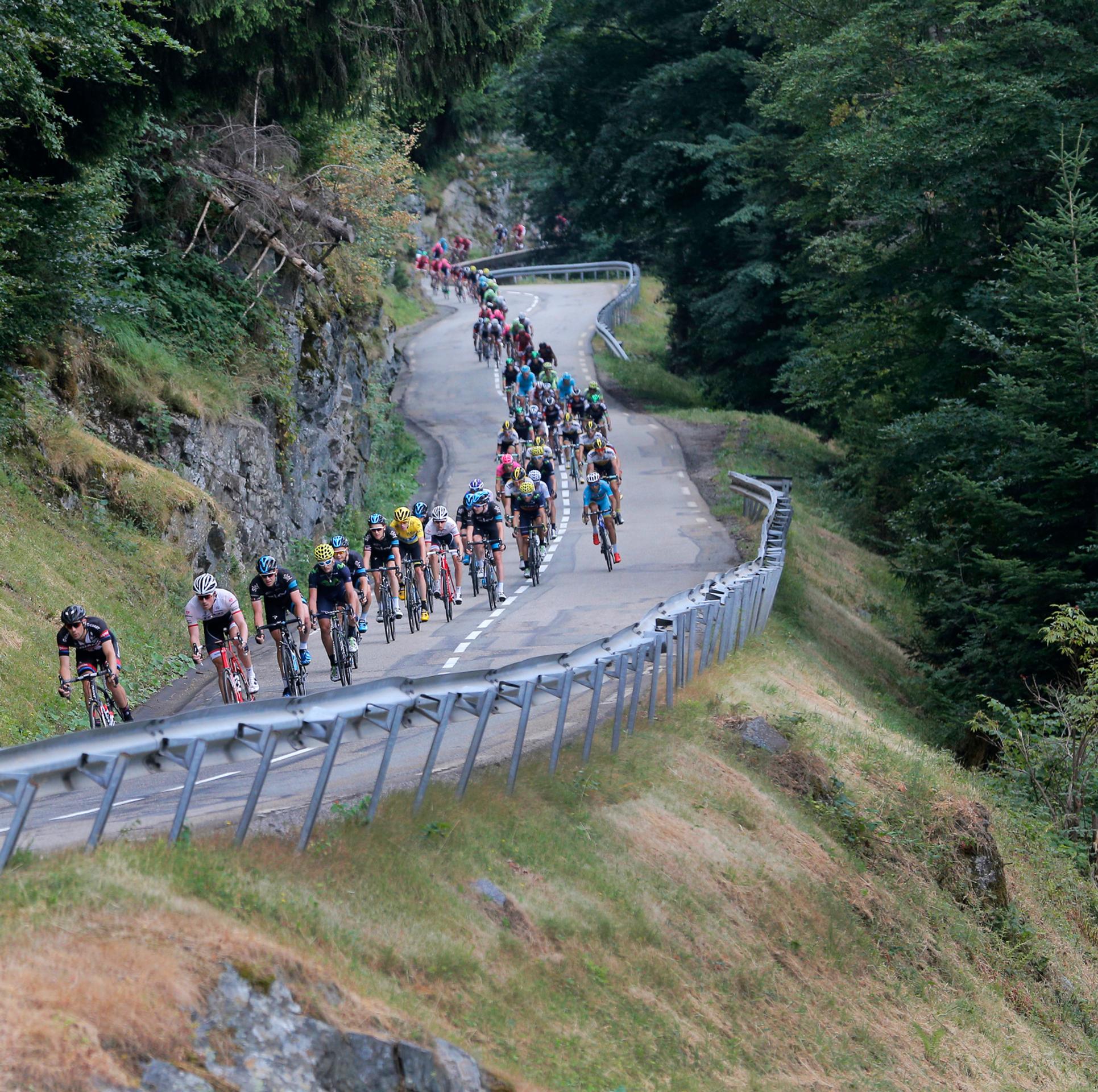 Pelotón s lídrom pretekov v žltom drese Britom Chrisom Froomom (Sky) v  zjazde počas 18. etapy