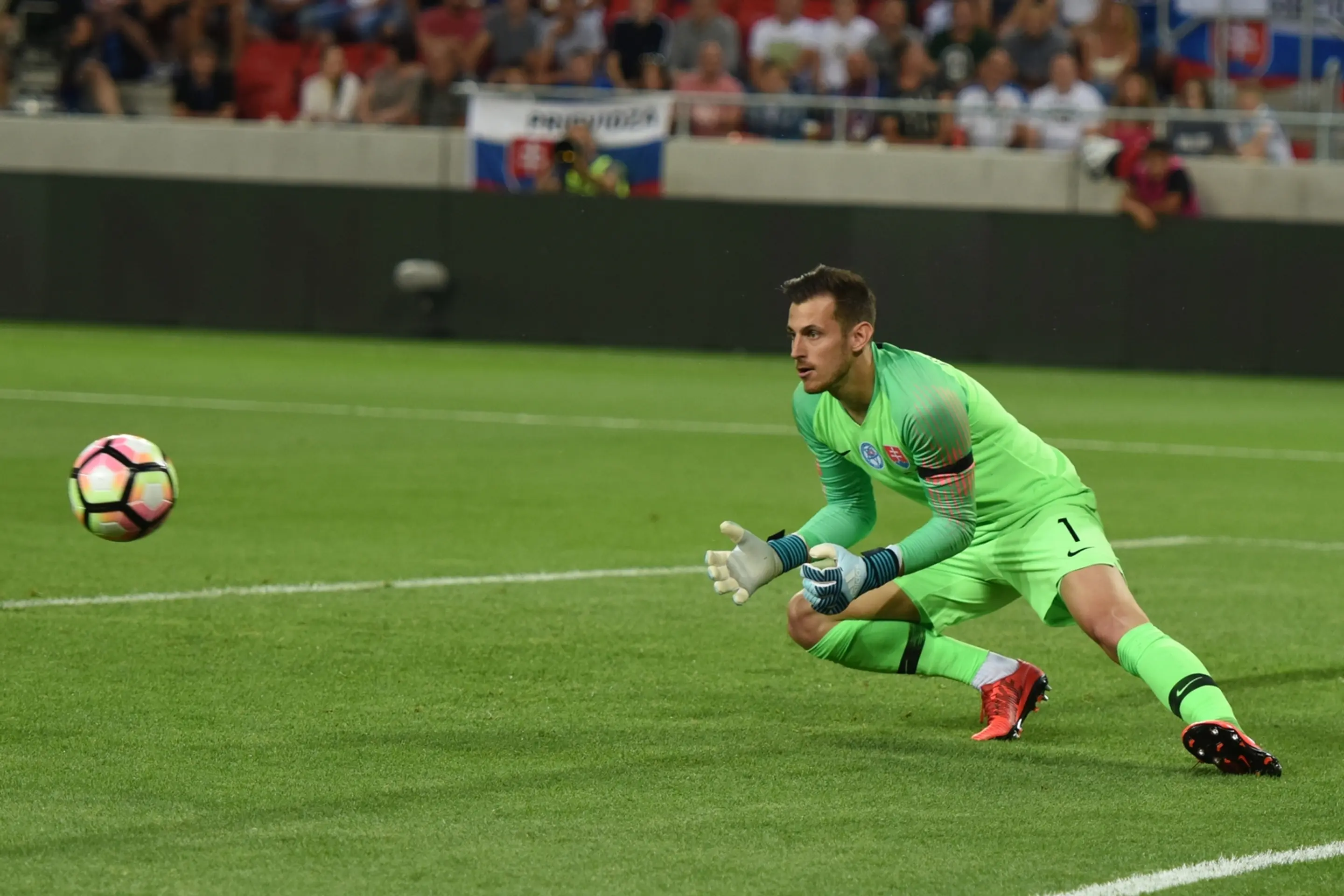 Brankár Slovenska Martin Dúbravka chytá loptu v príprave proti Holandsku.