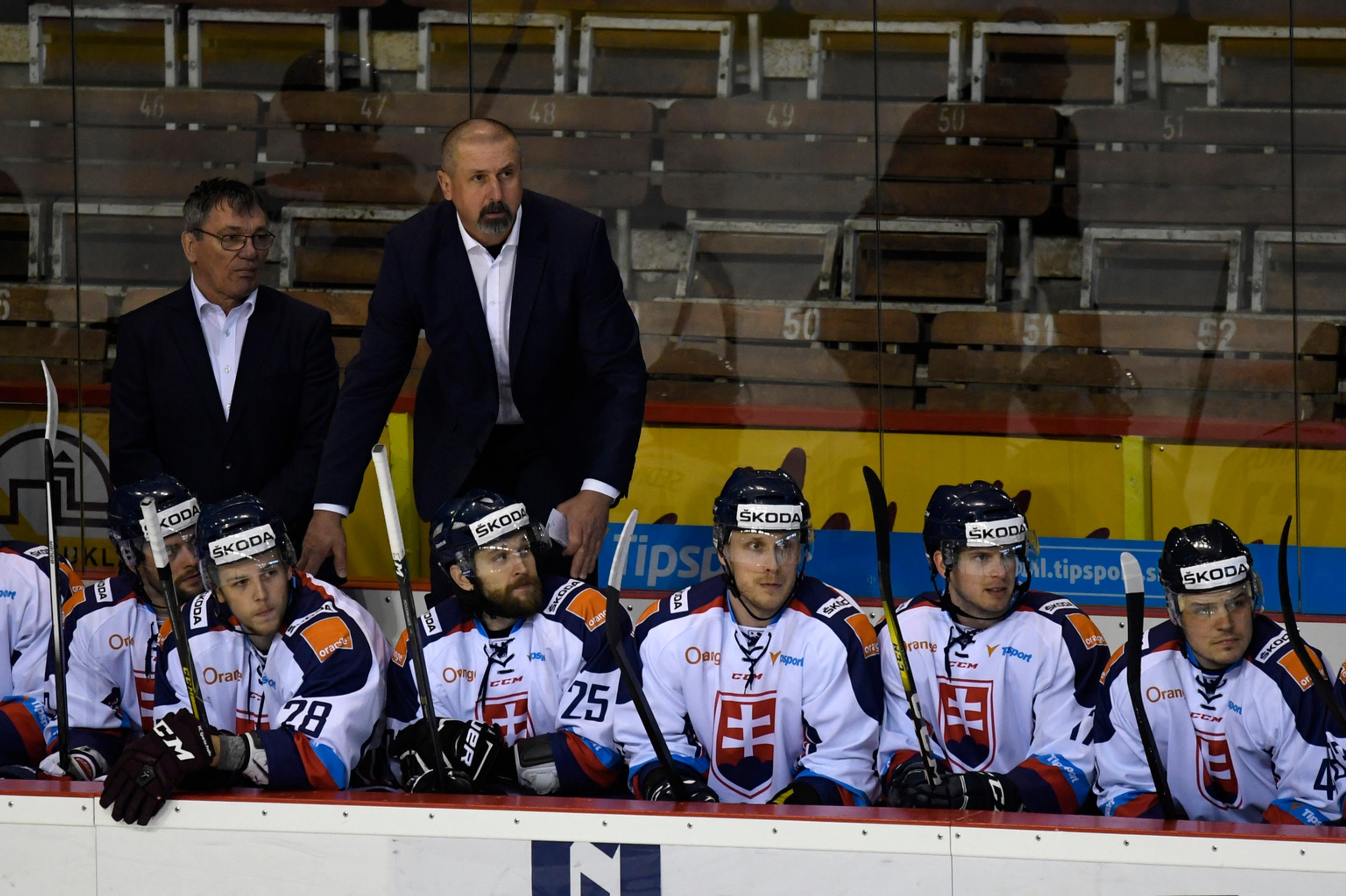 Slovenská striedačka  s trénerom Zdenom Cígerom (vpravo hore) a asistentom Miroslavom Milošovičom (vľavo)