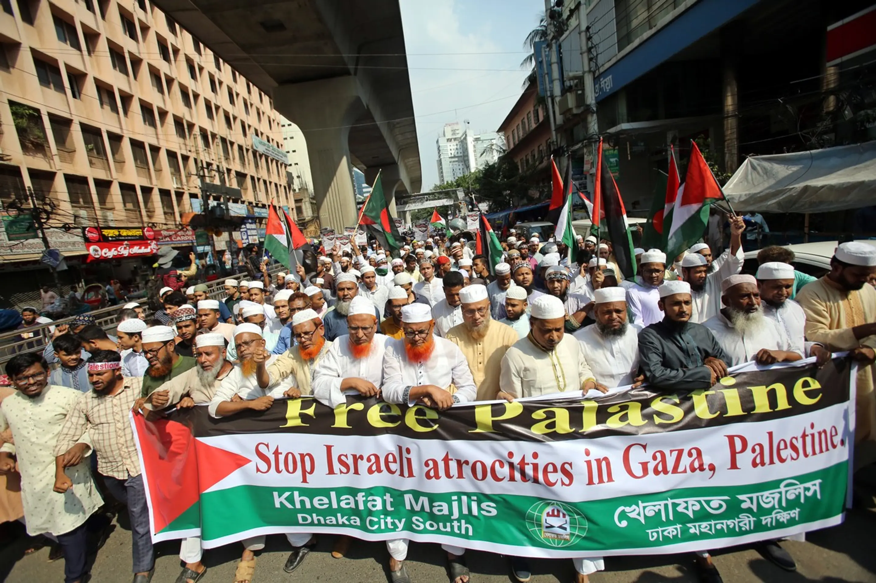 Protestný pochod na podporu Palestíny v Dhake.