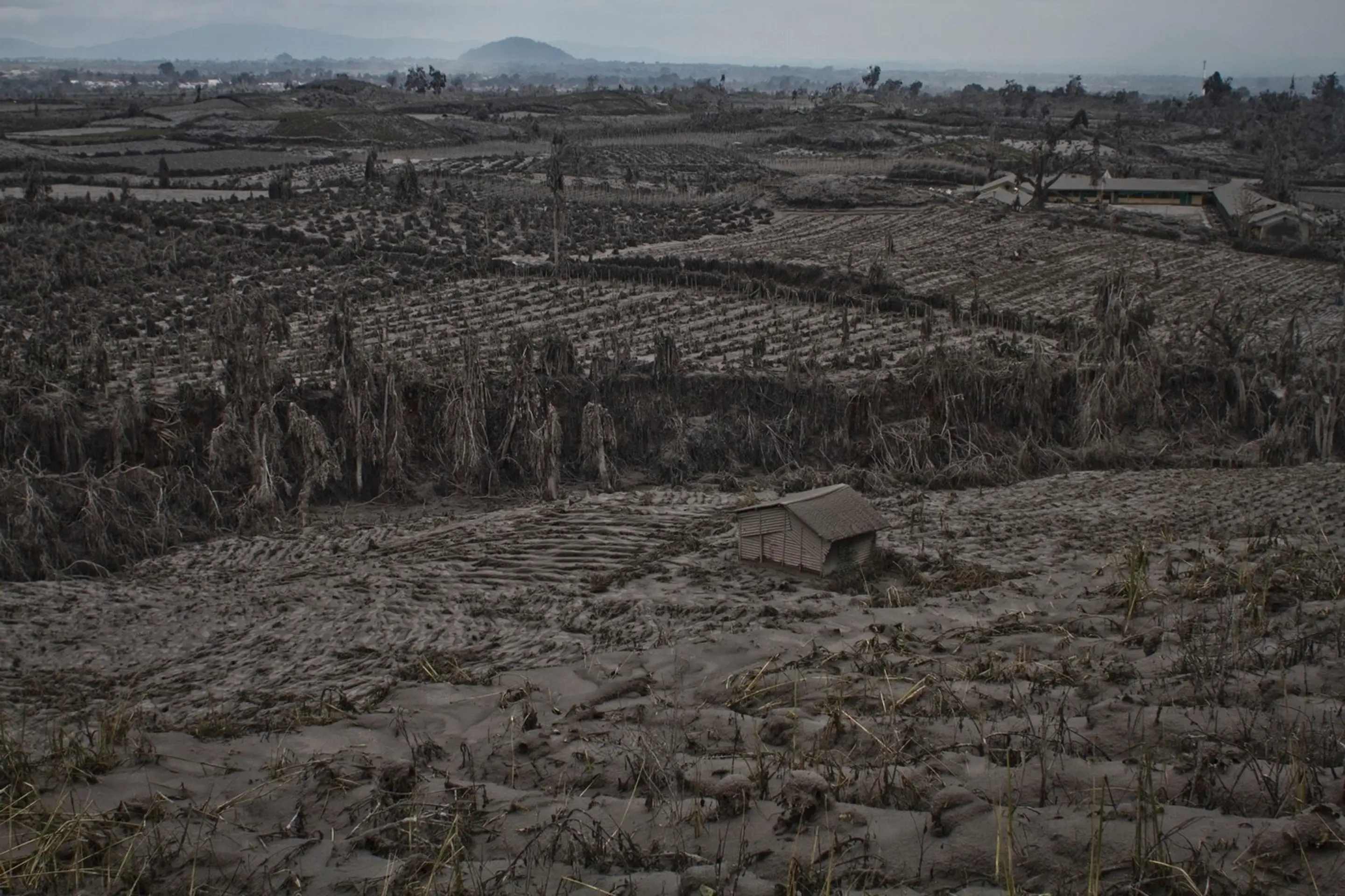 Dedina pokrytá popolom pod sopkou Sinabung 