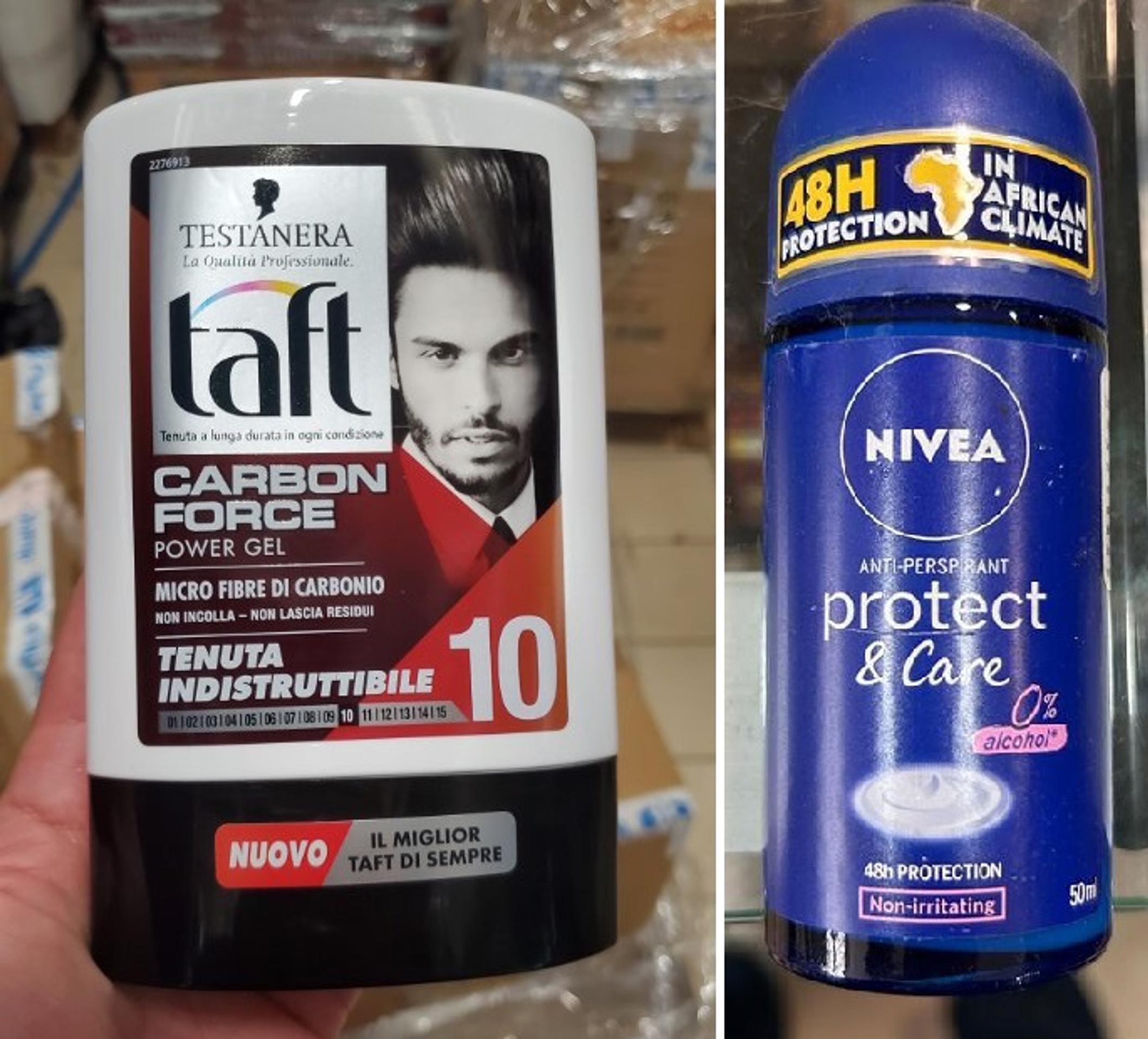 Gél na vlasy Testanera Taft a antiperspirant Nivea.