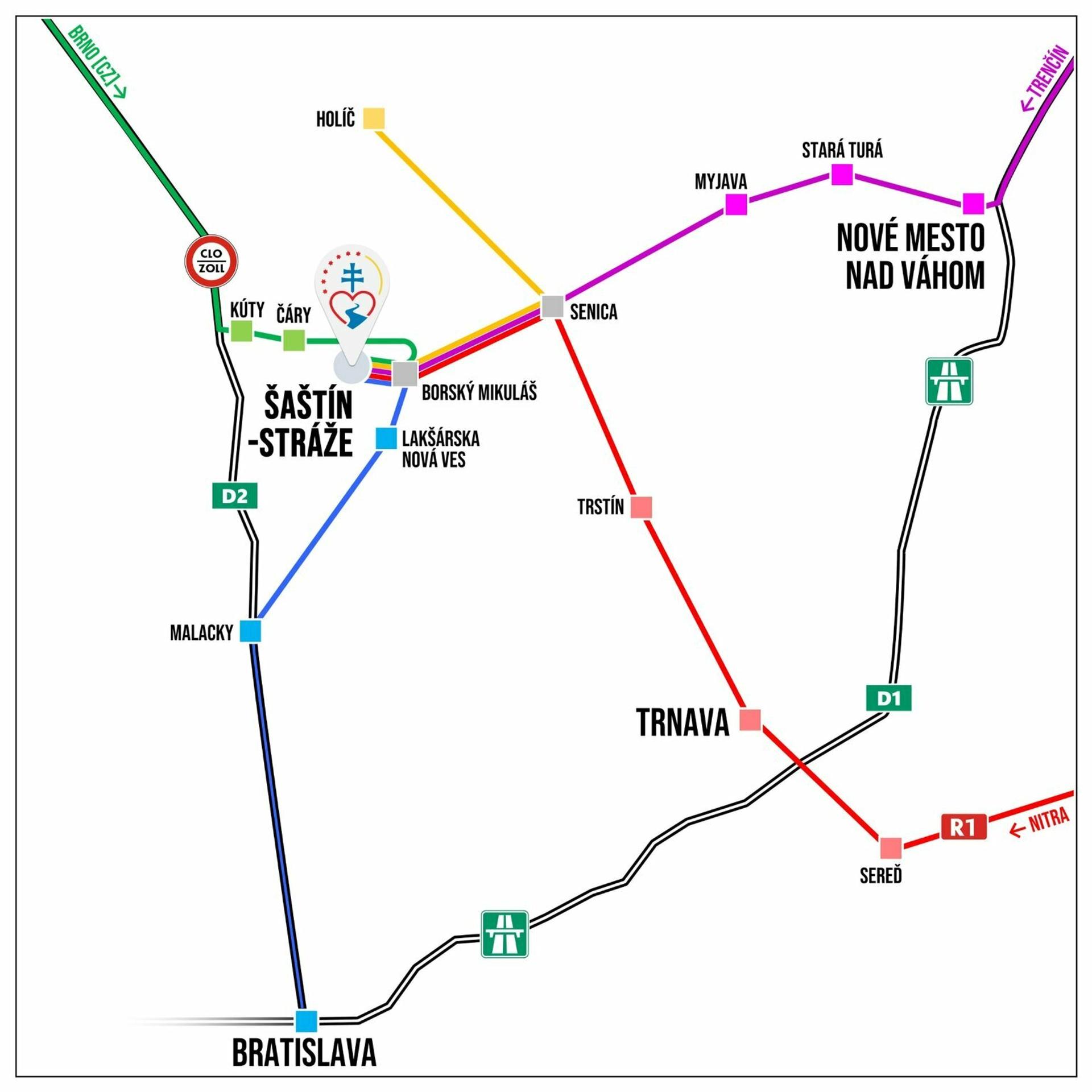 Mapa dojazdu autobusov v Šaštíne.