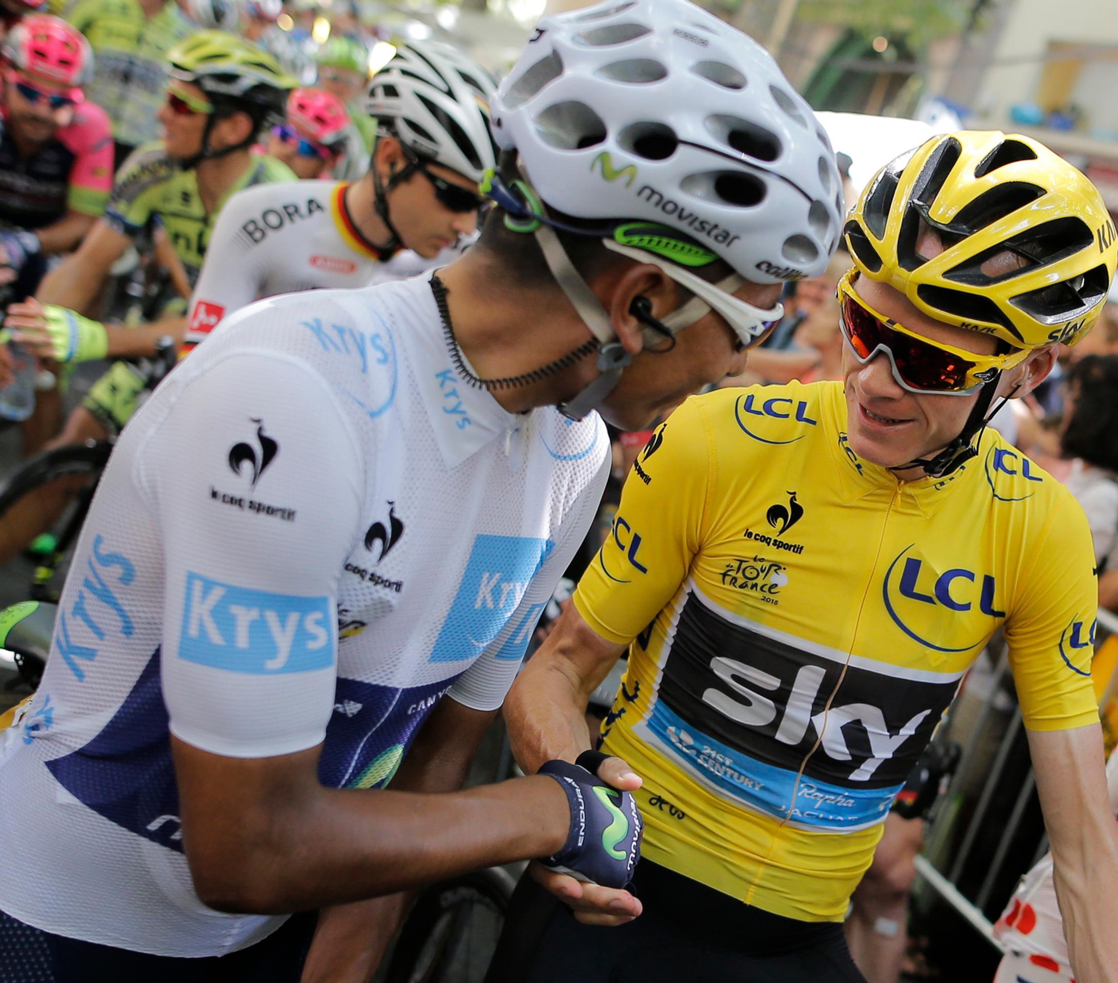 Nairo Quintana a Chris Froome pred štartom 17. etapy Tour de France.