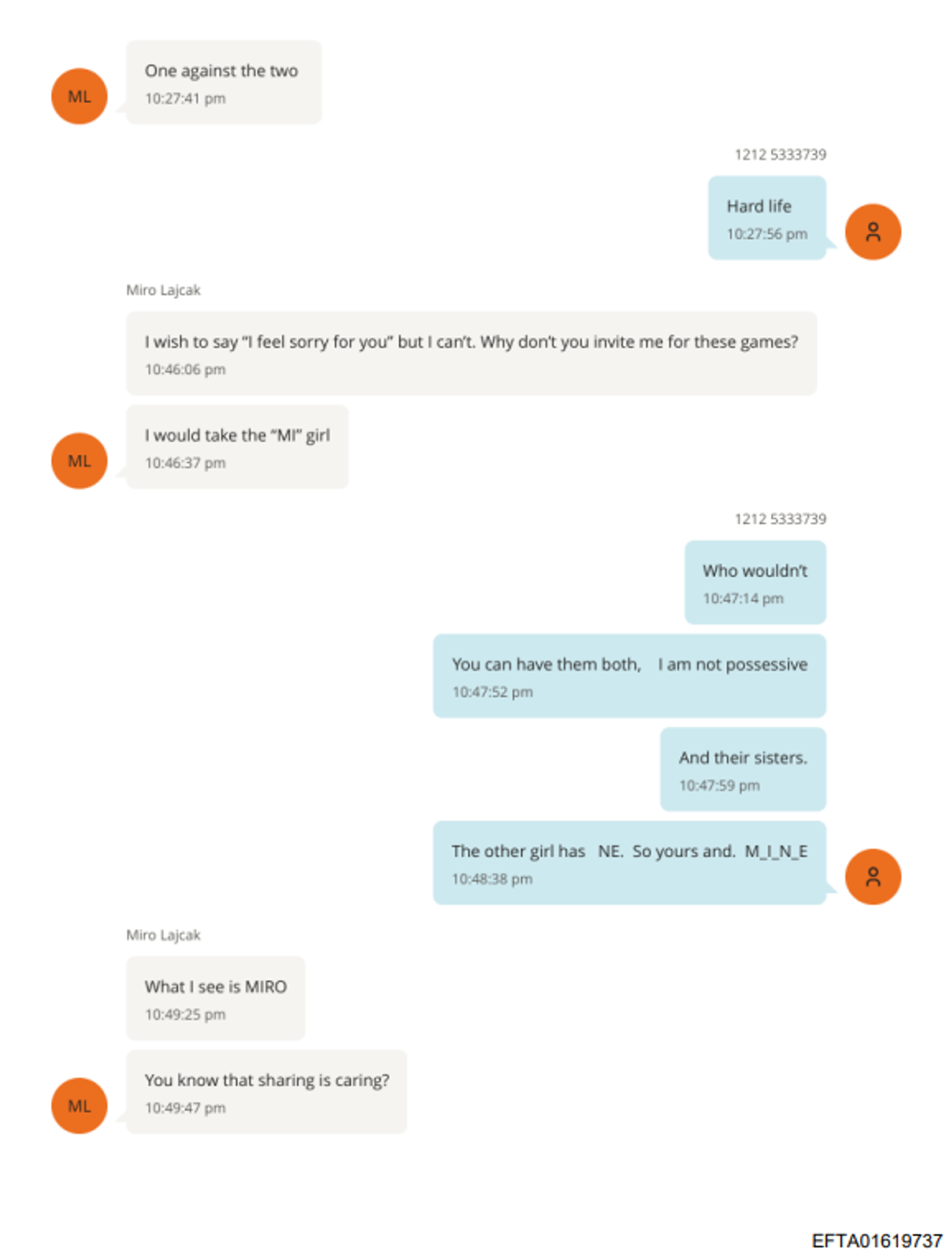 Údajná komunikácia, v ktorej má Epstein ponúkať dievčatá Lajčákovi 1.