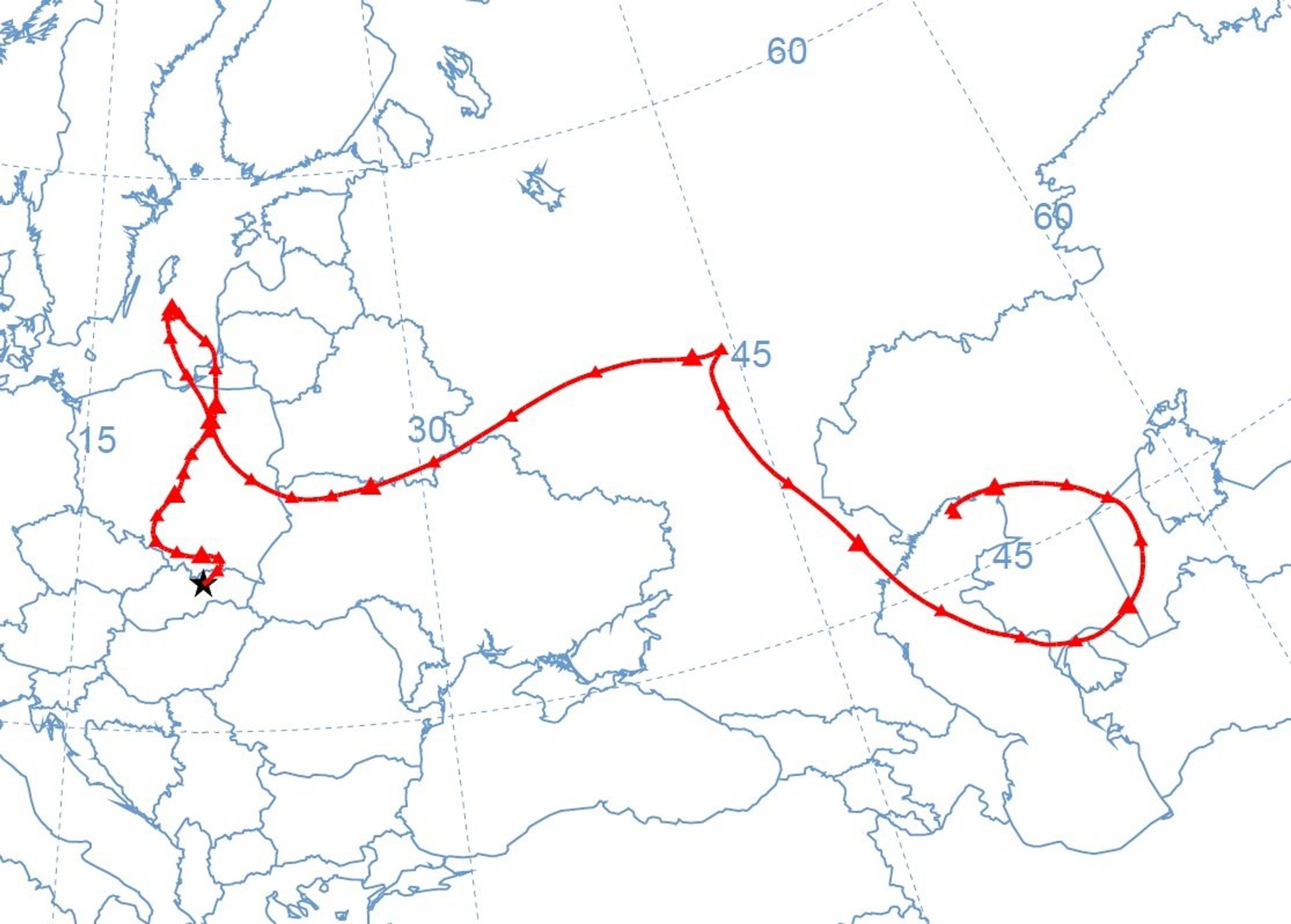 Spätná trajektória prúdenia vzduchu pre lokalitu Poprad-Gánovce z výšky 200 m nad terénom v čase 18:00 UTC