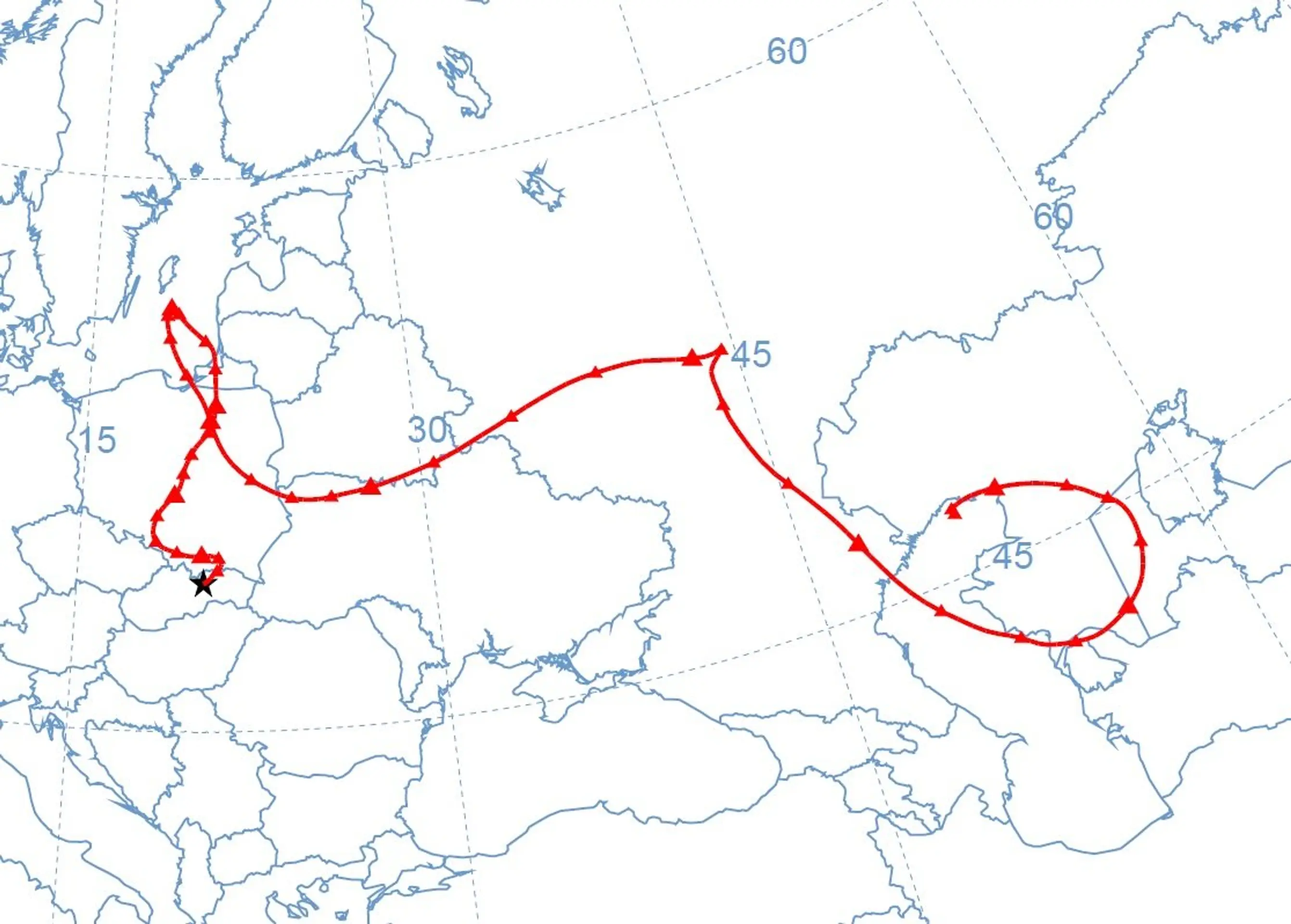 Spätná trajektória prúdenia vzduchu pre lokalitu Poprad-Gánovce z výšky 200 m nad terénom v čase 18:00 UTC