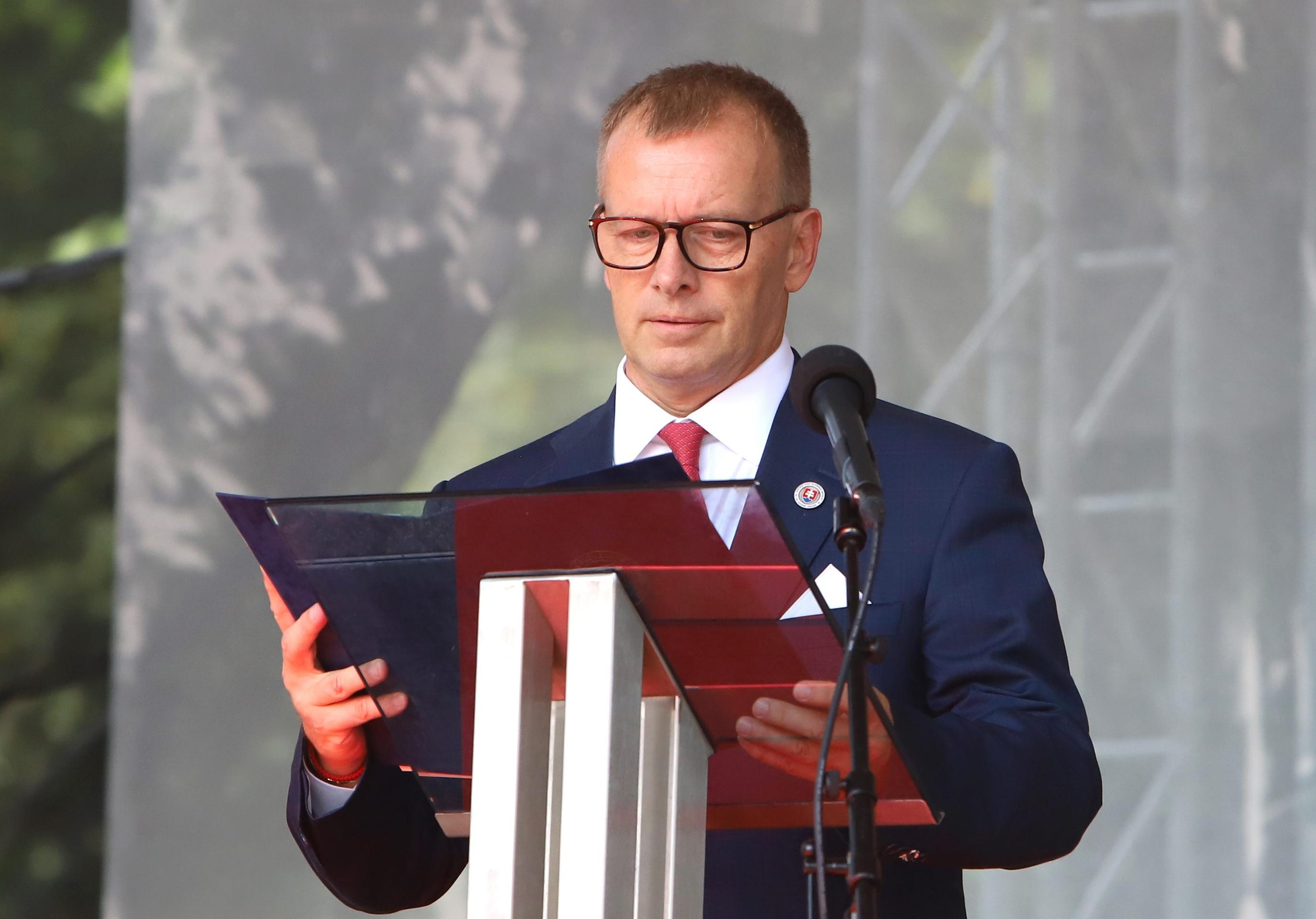 Predseda NR SR Boris Kollár počas príhovoru na celoštátnych oslavách 78. výročia SNP v areáli Múzea SNP v Banskej Bystrici.