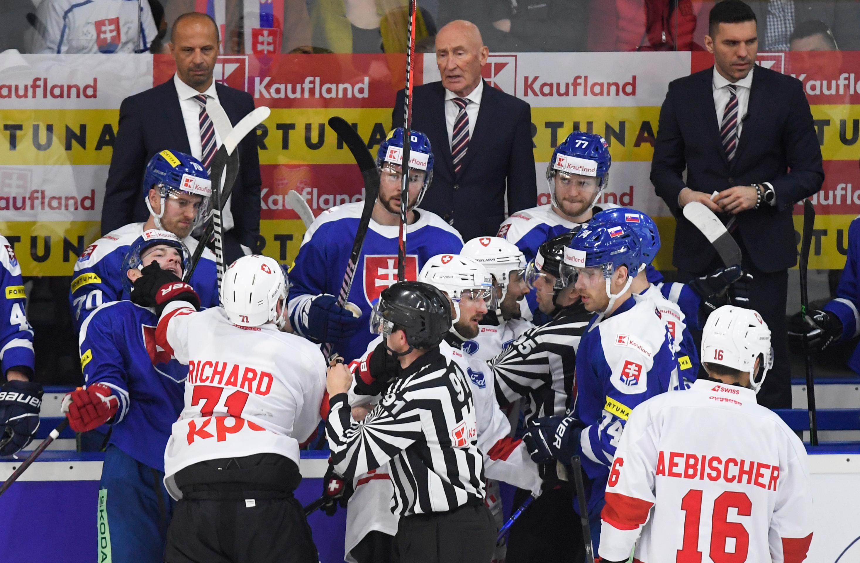 Na snímke šarvátka hokejistov Slovenska (modré dresy) a Švajčiarska (biele dresy) pred striedačkou Slovenska.
