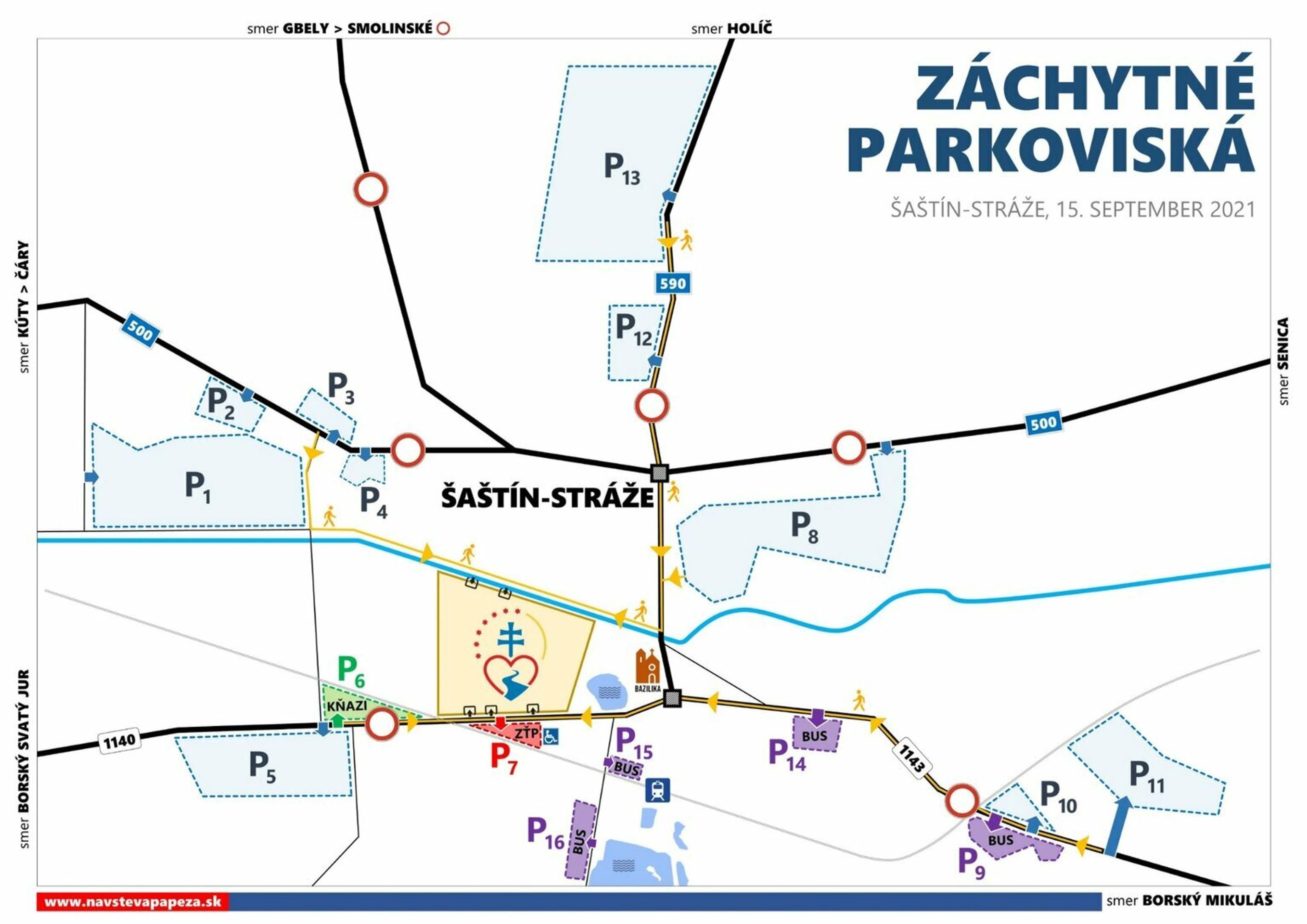 Mapa parkovísk v Šaštíne.