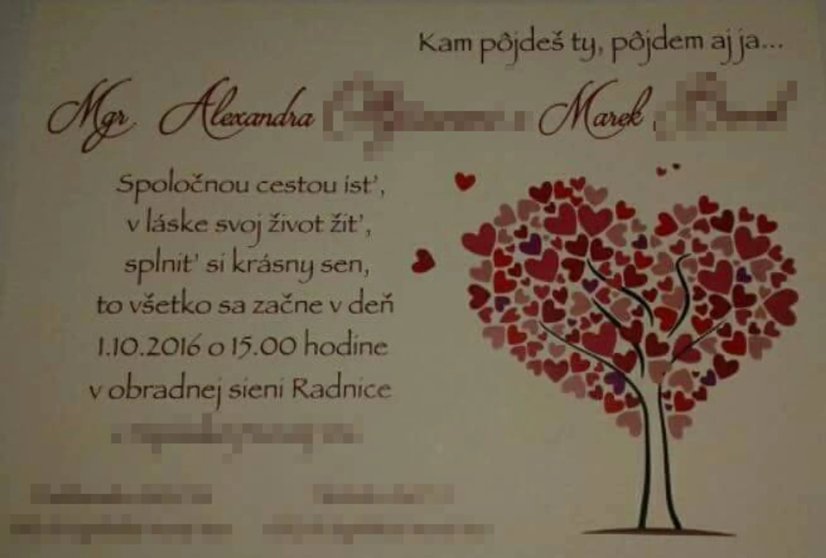 Svadobné oznámenie zosnulej Alexandry a policajta Mareka.