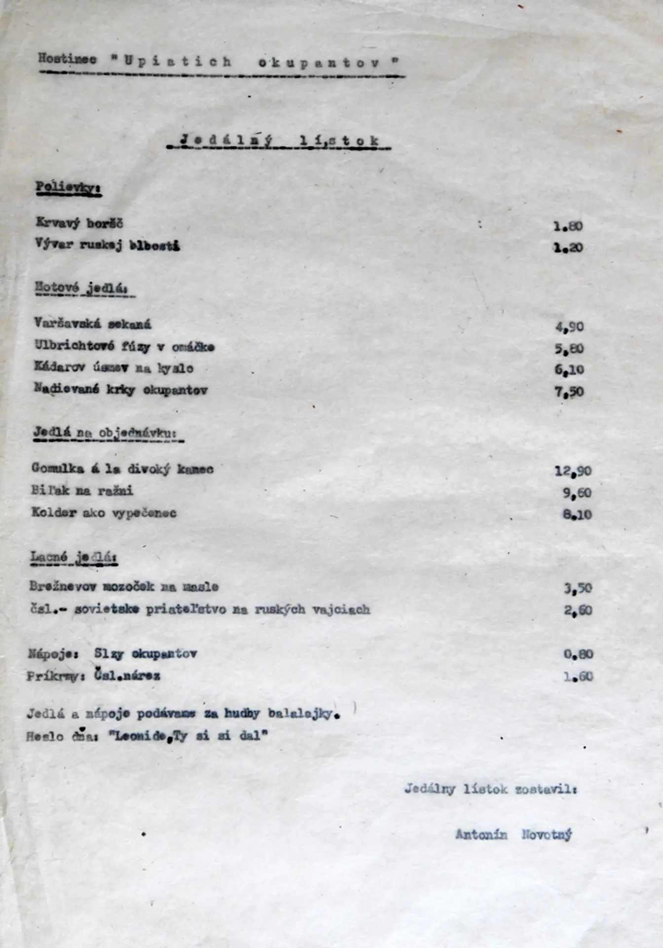 Jedálny lístok z hostinca U piatich okupantov, spomínajú sa v ňom vedúce osobnosti štátov, ktoré okupovali Československo.