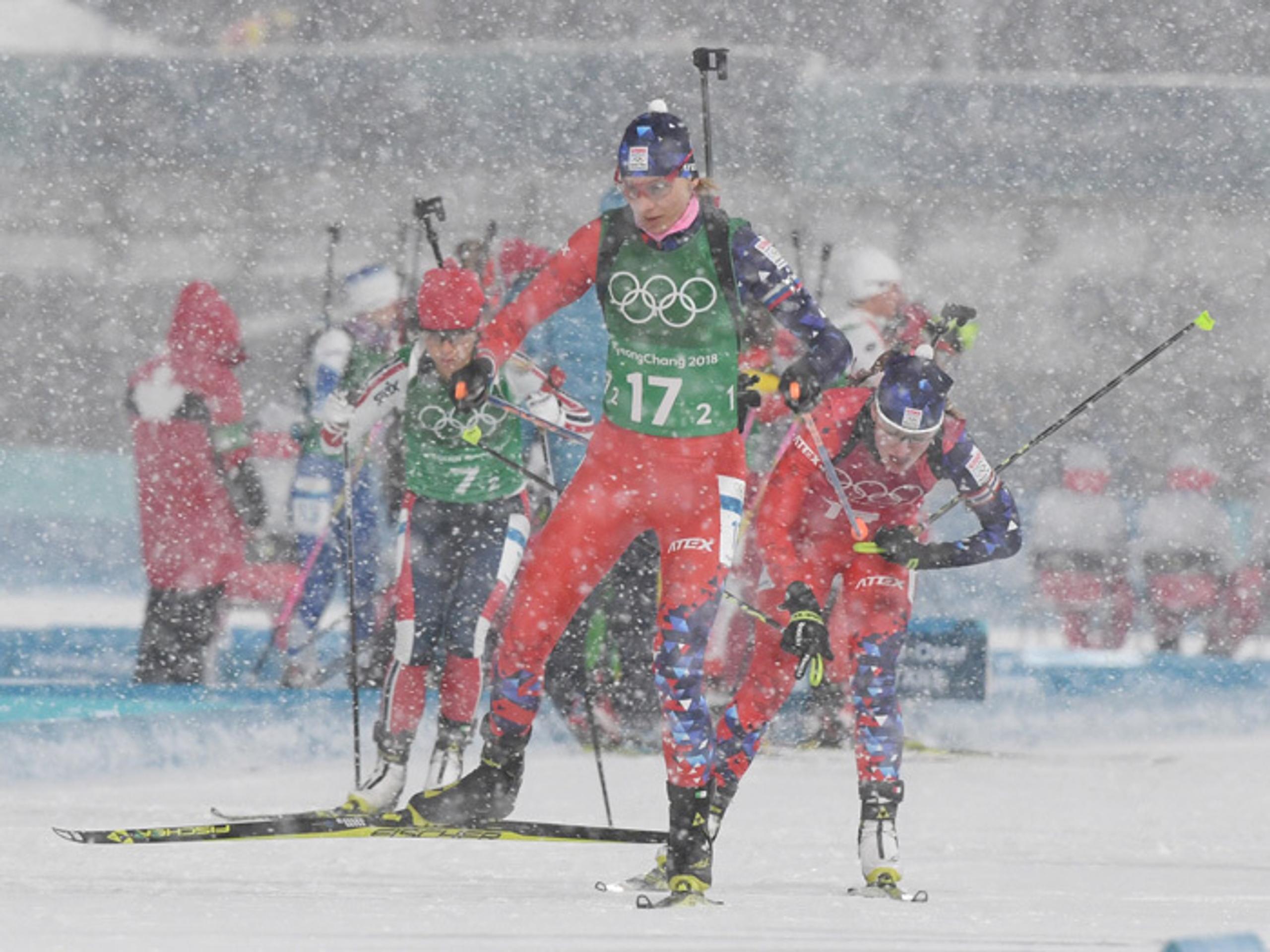 Anastasia Kuzminová v štafete žien na 4x6 km na ZOH 2018 v juhokórejskom Pjongčangu.