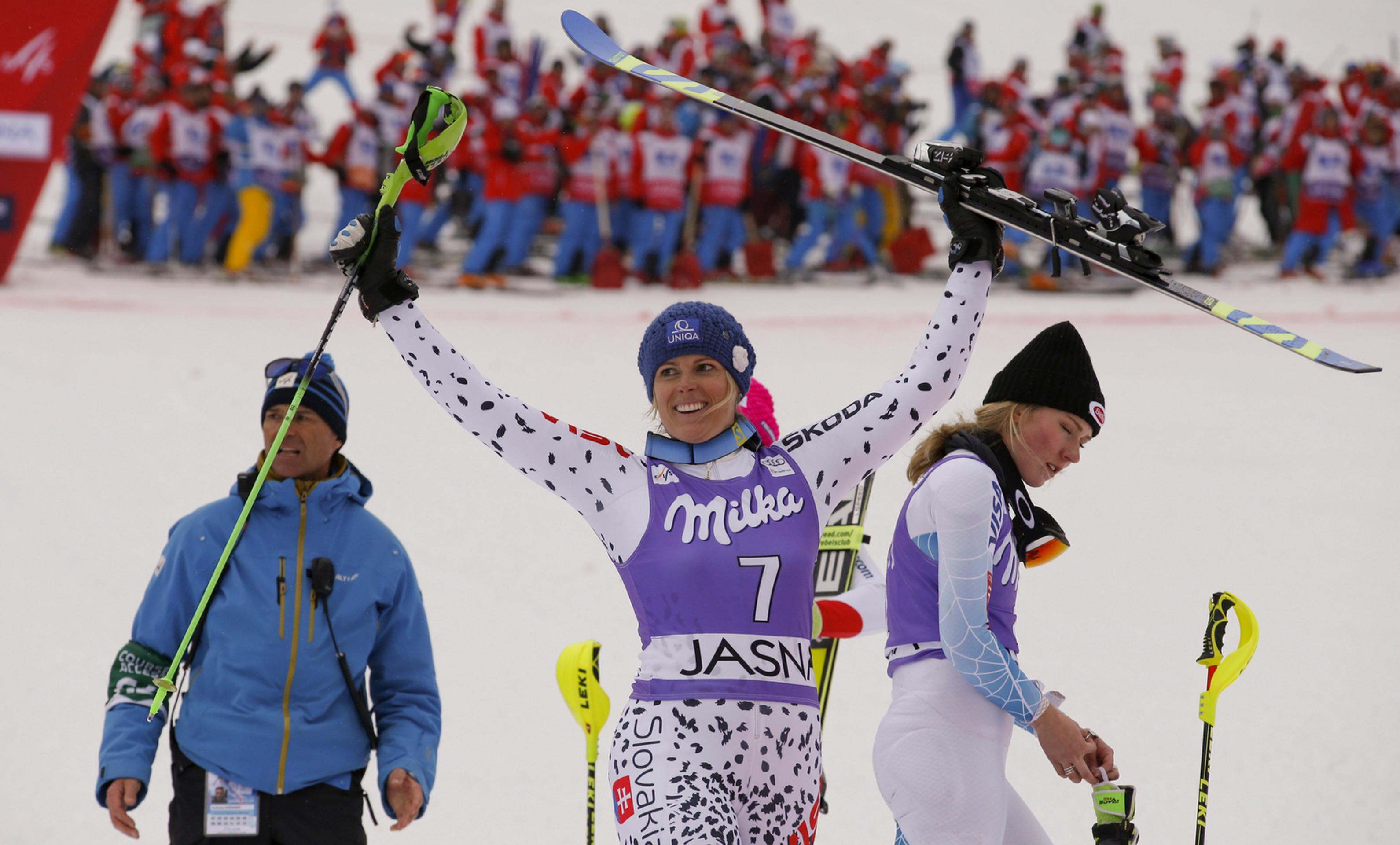Veronika Velez Zuzulová po dojazde slalomu SP v Jasnej, kde skončila tretina.