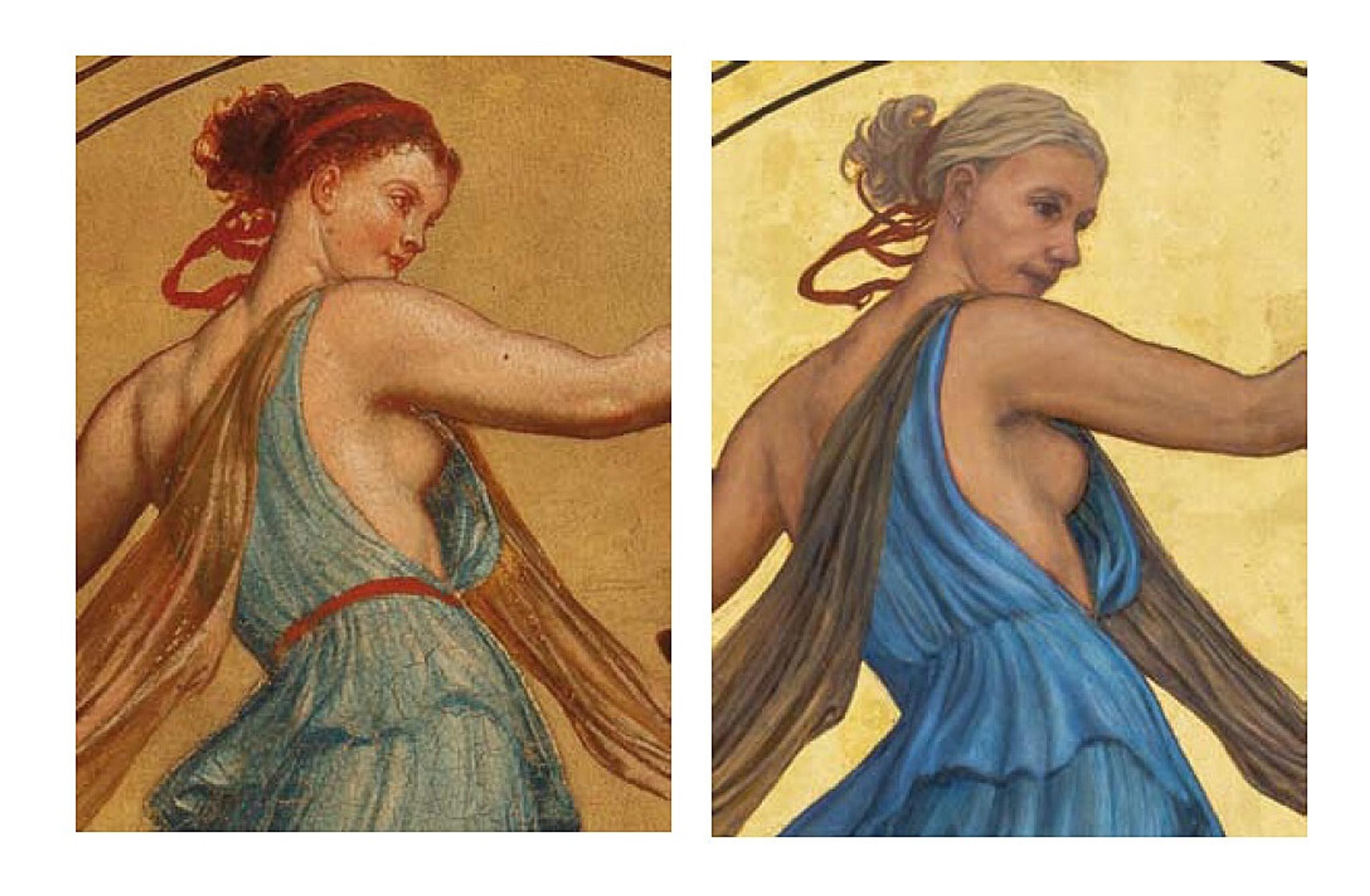 Mánesova pôvodná „postava panenská symbolizujúca znamenie Váh (Muzeum hlavního města Prahy) a jej pozmenená verzia na „kópii“ z roku 2018.