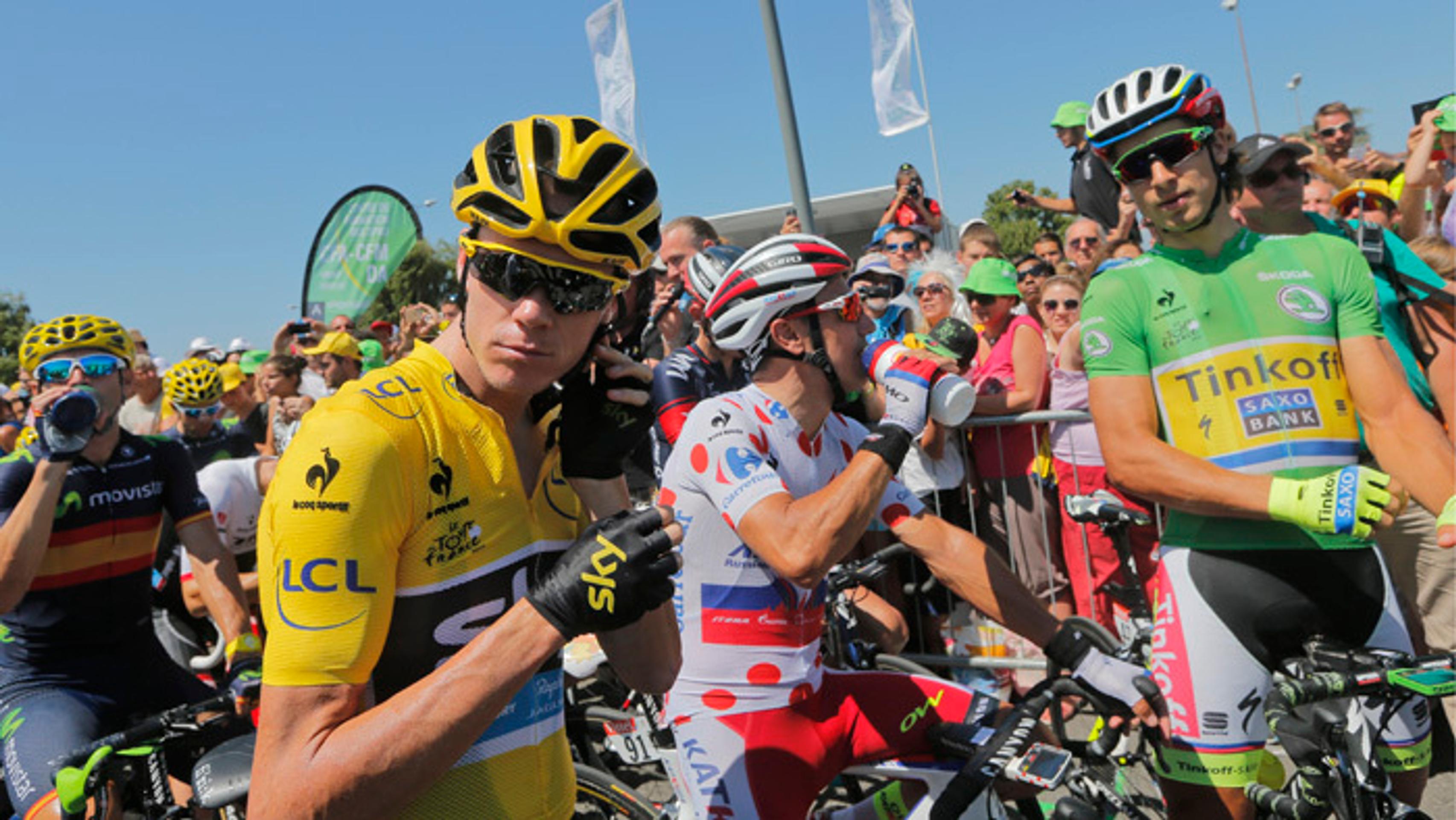 Alejandro Valverde, Chris Froome, Joaquim Rodriguez a Peter Sagan pred štartom 16. etapa Bourg-dePéage – Gap.