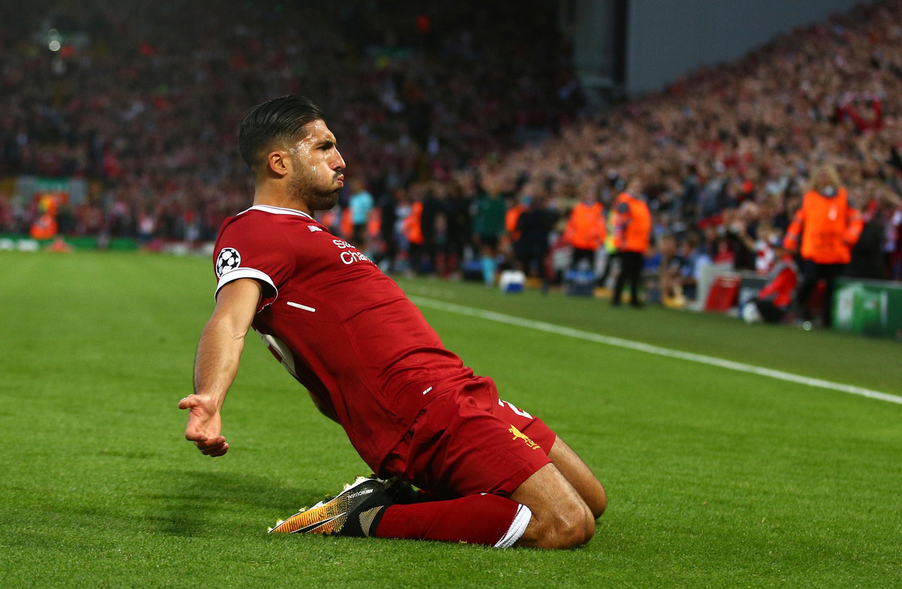 Emre Can z Liverpoolu oslavuje zásah v odvete predkola play-off LM proti Hoffenheimu.